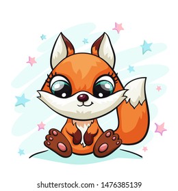 Fox baby cute print. Sweet tiny cool animal on star background illustration for nursery t-shirt, kids apparel, birthday card, invitation. Good for pajamas and playroom decor
