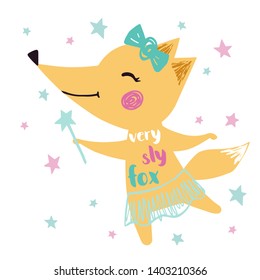Fox baby girl cute print. Sweet animal with magic wand, crown, ballet tutu, pointe shoes. Cool illustration for nursery wallpaper, t-shirt, kids apparel, birthday card. Very sly fox slogan