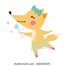 Fox baby girl cute print. Sweet animal with magic wand, bow, ballet tutu, pointe shoes. Cool animal illustration for nursery t-shirt, kids apparel, birthday card, invitation. Simple child design