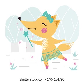 Fox baby girl cute print. Sweet pony with magic wand, crown, ballet tutu, pointe shoes in forest. Cool animal illustration for nursery wallpaper, t-shirt, kids apparel, birthday card. Girly design