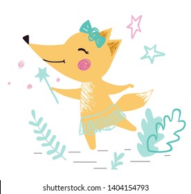 Fox baby girl cute print. Sweet animal with magic wand, ballet tutu, bow. Cool illustration for nursery wallpaper, t-shirt, kids apparel, birthday card. Simple girly design