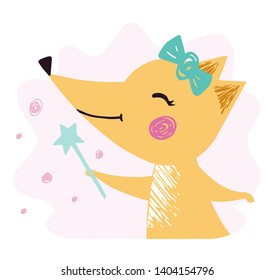 Fox baby girl cute print. Sweet animal with magic wand, bow. Cool animal illustration for nursery t-shirt, kids apparel, birthday card, invitation. Simple child design