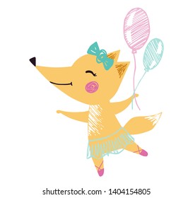Fox baby girl cute print. Sweet animal dance with balloon, ballet tutu, pointe shoes, bow. Cool animal illustration for nursery t-shirt, kids apparel, birthday card, invitation. Simple child design