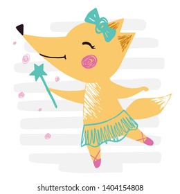 Fox baby girl cute print. Sweet animal with magic wand, ballet skirt, crown on striped background. Cool animal illustration for nursery, t-shirt, kids apparel, birthday card. Simple girly design