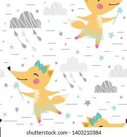 Fox baby girl cute seamless pattern. Sweet animal with magic wand, bow, tutu, pointe. Cool animal illustration for nursery wallpaper, t-shirt, kids apparel, baby print, party. Night clouds and star