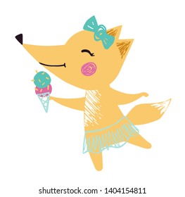 Fox baby girl cute summer print. Sweet animal with sweet ice cream, ballet skirt, bow. Cool animal illustration for nursery wallpaper, t-shirt, kids apparel, birthday card. Simple girly design