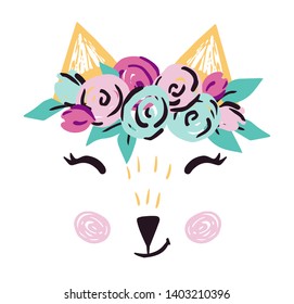 Fox baby girl face cute print. Sweet animal head with flower wreath. Cool animal illustration for nursery, t-shirt, kids apparel, birthday card, invitation. Simple girly design