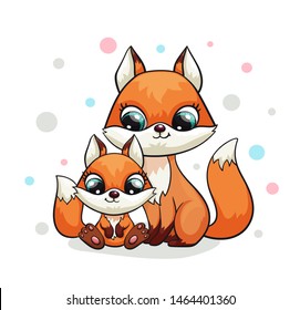 Fox baby with mom or dad cute print. Sweet tiny family. Cool friends animal with polka dot for nursery t-shirt, kids apparel, birthday card invitation. Good for girly or boy pajamas and playroom decor