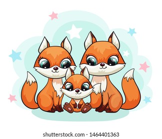Fox baby with mom and dad cute print. Sweet tiny family. Cool friends animal with star for nursery t-shirt, kids apparel, birthday card, invitation. Good for girly or boy pajamas and playroom decor