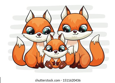 Fox Baby With Mom And Dad Cute Print. Sweet Tiny Family. Cool Friends Animal On Striped Background For Nursery T-shirt, Kids Apparel, Birthday Card, Invitation. Good For Pajamas And Playroom Decor