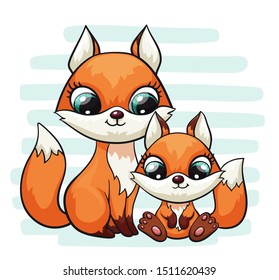 Fox baby with mom or dad cute print. Sweet tiny family. Cool friends animal on striped background for nursery t-shirt, kids apparel, birthday card, invitation. Good for pajamas and playroom decor