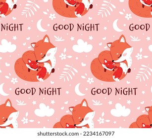 Fox with baby seamless pattern. Repeating design element for printing on fabric. Tenderness, care and love. Childhood and parenting. Forest dwellers and wild life. Cartoon flat vector illustration