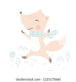 Fox baby winter print. Cute animal run in warm scarf christmas card. Cool illustration for nursery, t-shirt, kids apparel, party and baby shower invitation. Simple scandinavian child design.