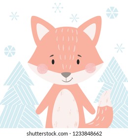 Fox baby winter print. Cute animal in snowy forest christmas card. Cool animal illustration for nursery, t-shirt, kids apparel, party and baby shower invitation. Simple scandinavian child design