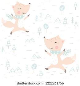 Fox baby winter seamless pattern. Cute animal in warm scarf Christmas background. Design for nursery, t-shirt, kids apparel, wrapping paper, fabric, New year textile. Scandinavian child design