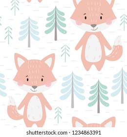 Fox baby winter seamless pattern. Cute animal in snowy forest christmas print. Cool illustration for nursery, t-shirt, kids apparel, party and baby shower invitation. Simple scandinavian child design.