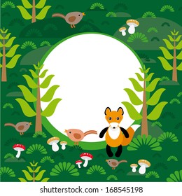 Fox background green forest with fir trees mushrooms birds. vector