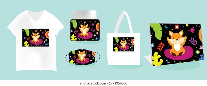 Fox background with Mockup templates vector illustration. tote bag, pouch, t-shirt, mask, skin laptop