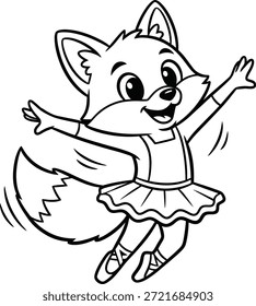 Página para colorear de la bailarina del zorro que presenta un zorro bailarín lindo en un tutú y zapatos de ballet, ilustrado en arte de línea blanco y negro simple Ideal para los libros para colorear de los niños, hojas de trabajo preescolares, actividades de aprendizaje creativas, y proyectos escolares imprimibles.
