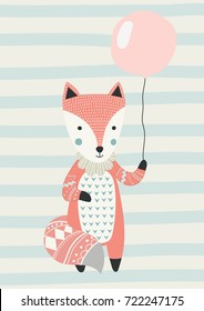 Fox with a balloon in Scandinavian style. Vector illustration. Funny, cute poster.