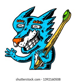 Fox. Bamboo Toothbrush. Fox with Bamboo Toothbrush. Plastic Free. Zero Waste. Happy Wild Life. Cartoon Fox with Bamboo Tothbrush on white background isolated. Stock Vector Illustration. Cartoon style.