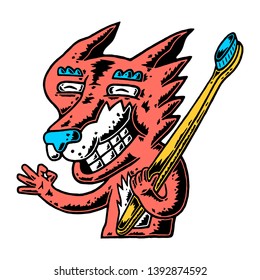 Fox. Bamboo Toothbrush. Fox with Bamboo Toothbrush. Plastic Free. Zero Waste. Happy Wild Life. Cartoon Fox with Bamboo Tothbrush on white background isolated. Stock Vector Illustration. Cartoon style.