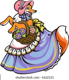 Fox with basket of flowers. Colour & strokes on separate layers.