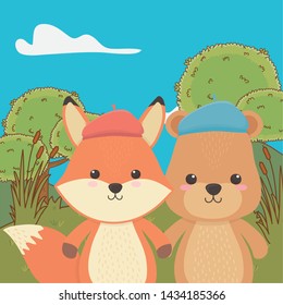 Fox and bear cartoon with hat design