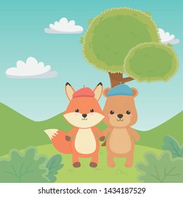 Fox and bear cartoon with hat design