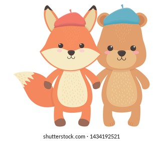 Fox and bear cartoon with hat design