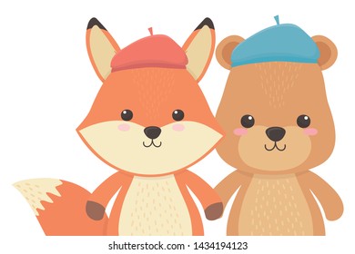 Fox and bear cartoon with hat design