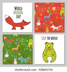 Fox and bear in Doodle style hand drawn. Two seamless pattern with wild animals of the woodland. Vector set of images for printing on fabric, clothes, packaging, Wallpapers.