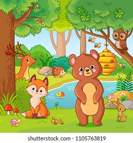 Fox and bear in the forest. Vector illustration with wild animals. Flying forest in cartoon style.