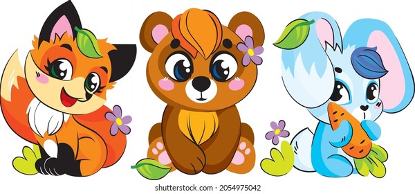 fox, bear and hare (rabbit with carrots). cute baby illustration.