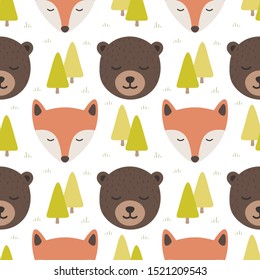 Fox and bear seamless pattern background, Sleepy cute bear in the woodland forest, Vector illustration