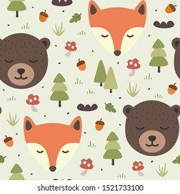 Fox and bear seamless pattern background, Sleepy cute bear in the woodland forest, Vector illustration