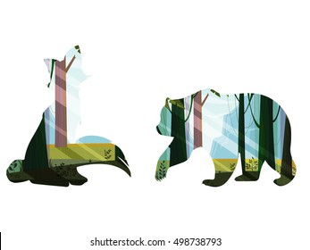 Fox and bear silhouettes with nature landscape inside. Vector illustration, eps10. Abstract animals isolated on white background.