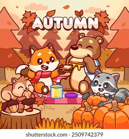 Fox, Bear, Squirrel, Raccoon Picnic In Autumn Season Cartoon Vector Icon Illustration. Animal Nature Icon Concept Isolated Premium Vector. Flat Cartoon Style