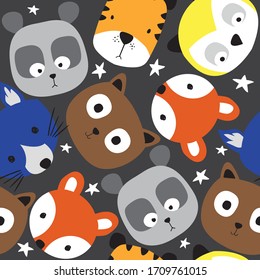 Fox, bear, tiger, cat, owl seamless pattern background, vector illustration, animal cartoon pattern