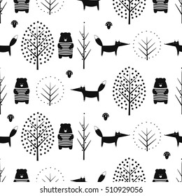 Fox, bear, trees and mushroom seamless pattern on white background. Black and white scandinavian style nature illustration. Cute forest with animals design for textile, wallpaper, fabric.