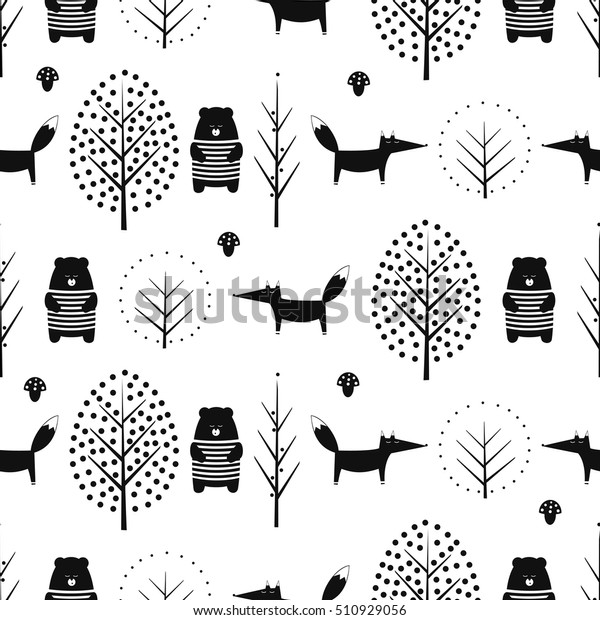 白い背景にキツネ クマ 木 キノコのシームレスな模様 白黒の北欧スタイルの自然イラスト テキスタイル 壁紙 布地をデザインした動物をデザインしたかわいい森 のベクター画像素材 ロイヤリティフリー