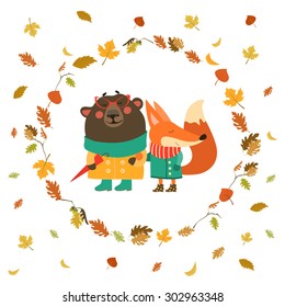 Fox and bear walking hand in hand in wreath of autumn leaves. Vector illustration
