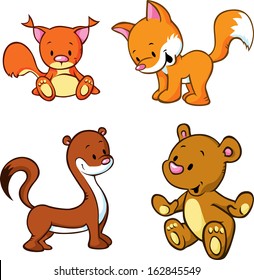 fox, bear, weasel and squirrel  - cute animals cartoon isolated on white background