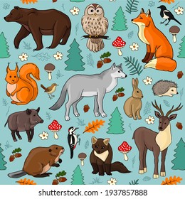 fox bear wolf and other animals seamless pattern