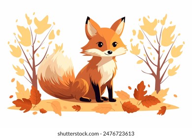 Fox. A beautiful fox sits in the forest against a background of autumn trees and leaves. Vector illustration of a cute fox in cartoon style for design.