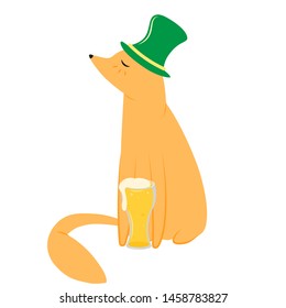 Fox with beer in hat. Oktoberfest animal. St. Patrick fox. Element for logo, game, print, poster or other design project. Vector illustration.