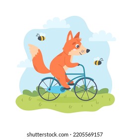 Fox biking in nature. Summer character, outdoors activity. Cute seasonal vector illustration in flat cartoon style