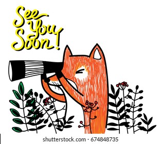 Fox with binoculars in the bushes. Postcard, drawing by hand. Lovely, children's drawing.