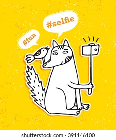 Fox And Bird Making Photo Using Selfie Stick And Smart Phone. Cute Playful Animal Illustration