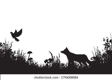 Fox and bird in a meadow silhouettes. Wall art black and white